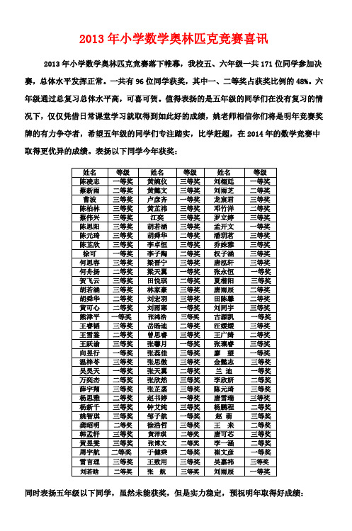 2013年小学数学奥林匹克竞赛喜讯