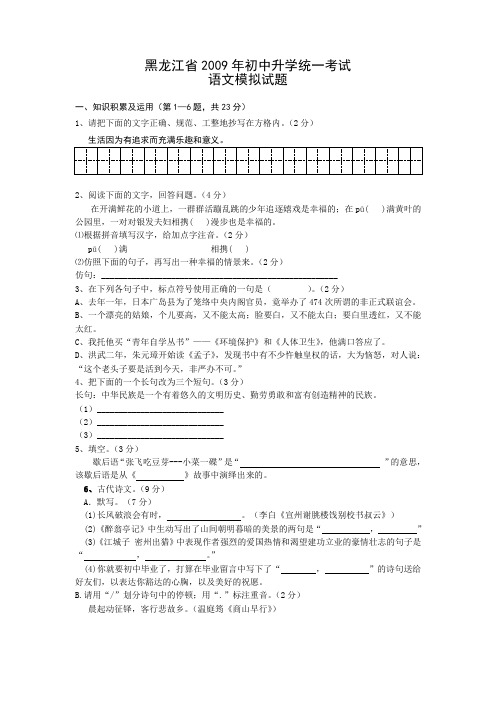 2009年黑龙江省初中升学统一考试语文模拟试题(含答案)