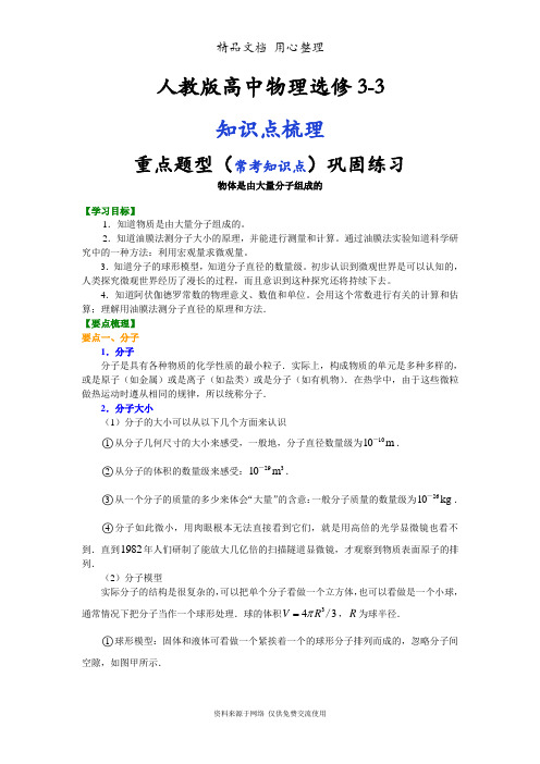 人教版高中物理选修3-3(全册知识点考点梳理、重点题型分类巩固练习)(家教、补习、复习用)