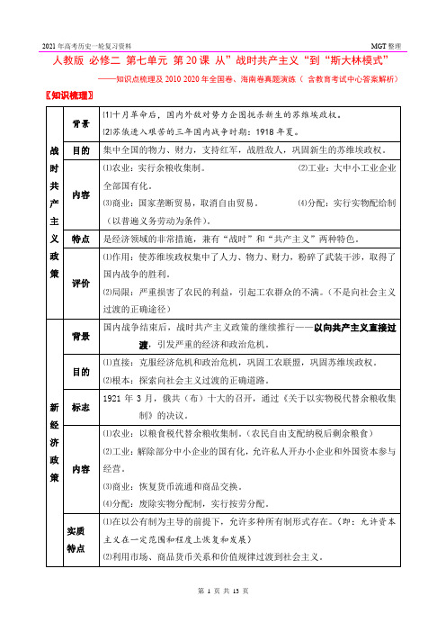 一轮复习 人教版 高中历史 必修二 第七单元 第20课 从”战时共产主义“到“斯大林模式”