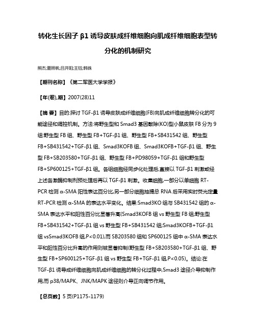 转化生长因子β1诱导皮肤成纤维细胞向肌成纤维细胞表型转分化的机制研究