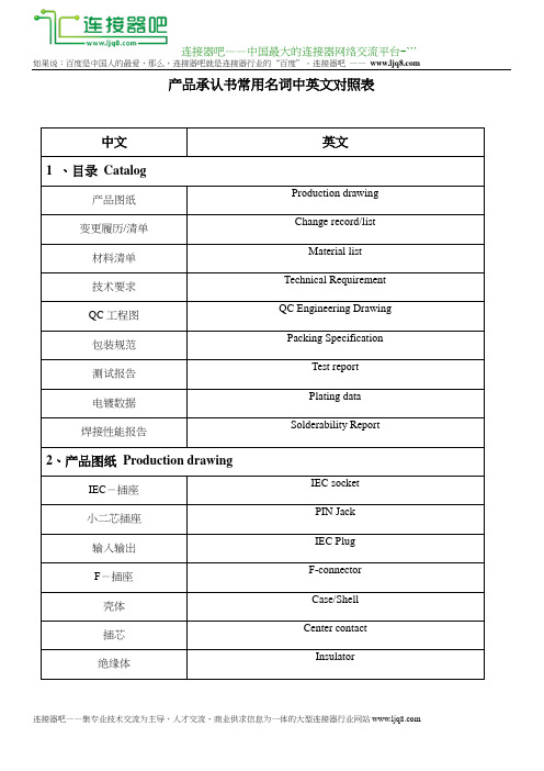 连接器产品承认书常用名词中英文对照表