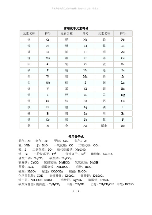 常用化学元素符号表