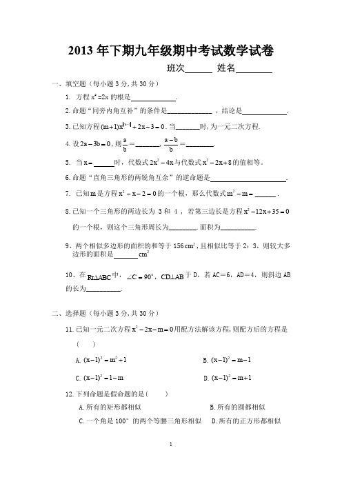 2013年下期数学九年级期中试卷.doc