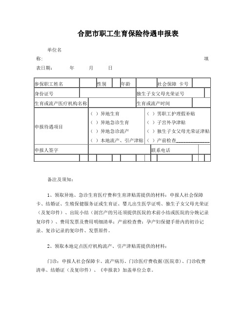 合肥市职工生育保险待遇申报表