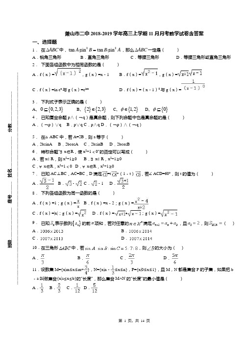 萧山市二中2018-2019学年高三上学期11月月考数学试卷含答案