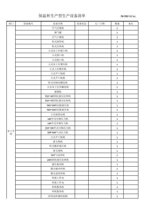 保温杯生产设备清单样板