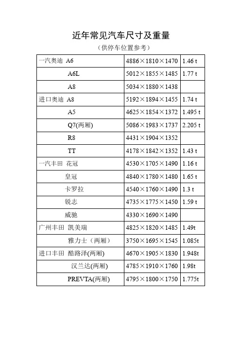 小汽车尺寸及重量