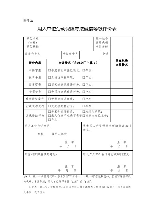 用人单位劳动保障守法诚信等级评价表