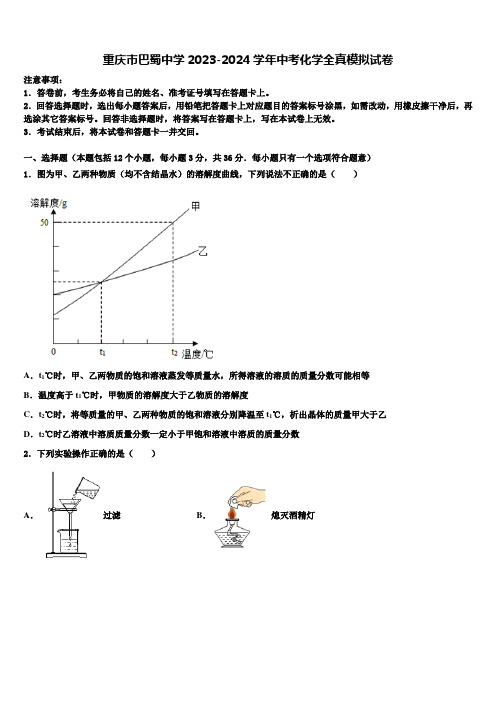 重庆市巴蜀中学2023-2024学年中考化学全真模拟试卷含解析