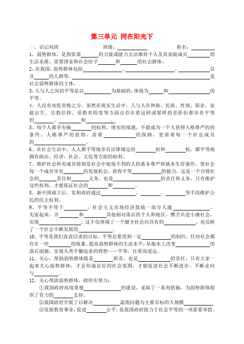 九年级政治 第三单元同在阳光下测试题(无答案) 教科版