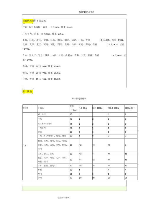 深圳发出常用快递价格表