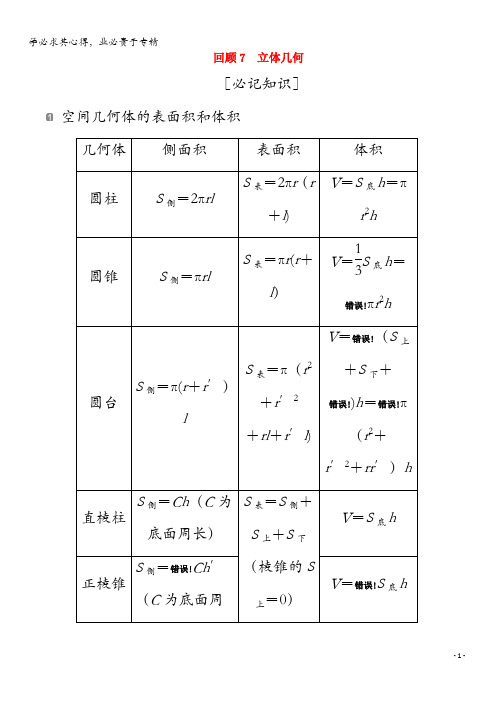 2020版高考数学二轮复习第三部分教材知识重点再现回顾7立体几何学案文