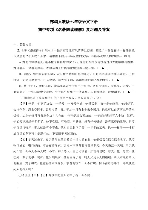 部编人教版七年级语文下册期中专项《名著阅读理解》复习题及答案