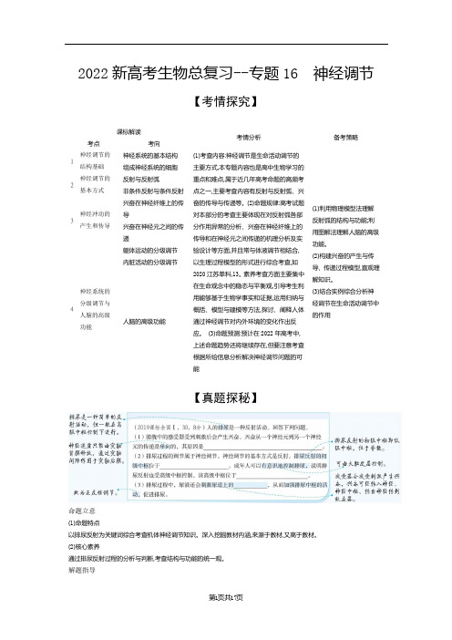 2022新高考生物总复习综合训练--专题16 神经调节(解析版)