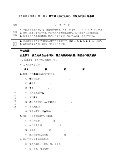 高中语文选修先秦诸子选读3《知之为知之-不知为不知》导学案学生版