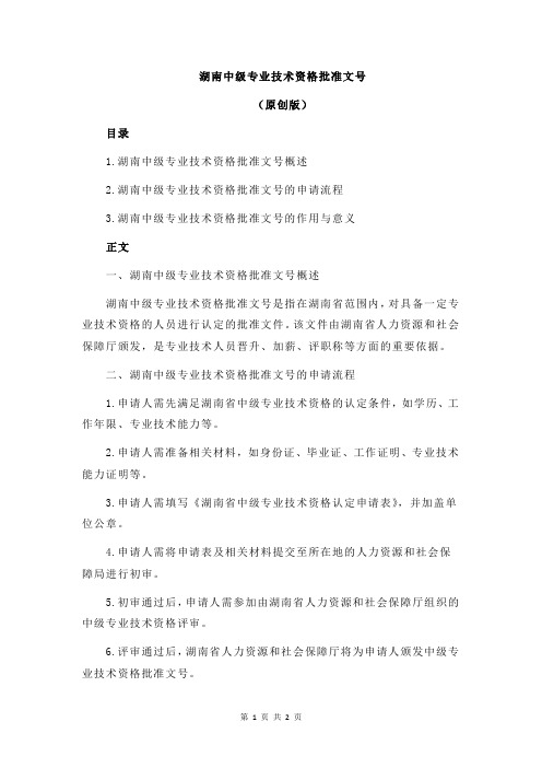 湖南中级专业技术资格批准文号