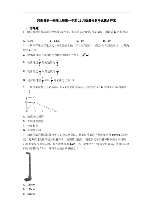 河南省高一物理上册第一学期11月质量检测考试题含答案