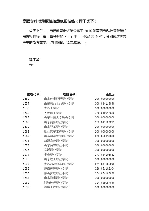 高职专科批录取院校最低投档线（理工类下）