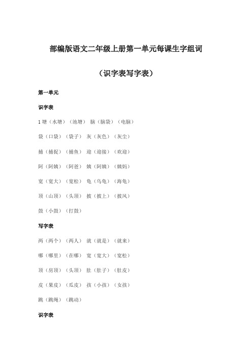 部编版语文二年级上册第一单元每课生字组词