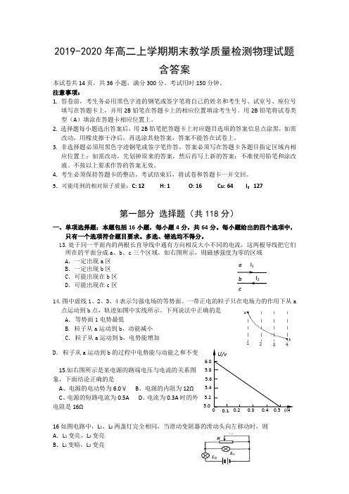 2019-2020年高二上学期期末教学质量检测物理试题 含答案