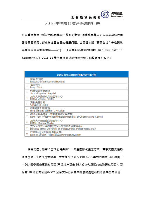 2016美国最佳综合医院排行榜