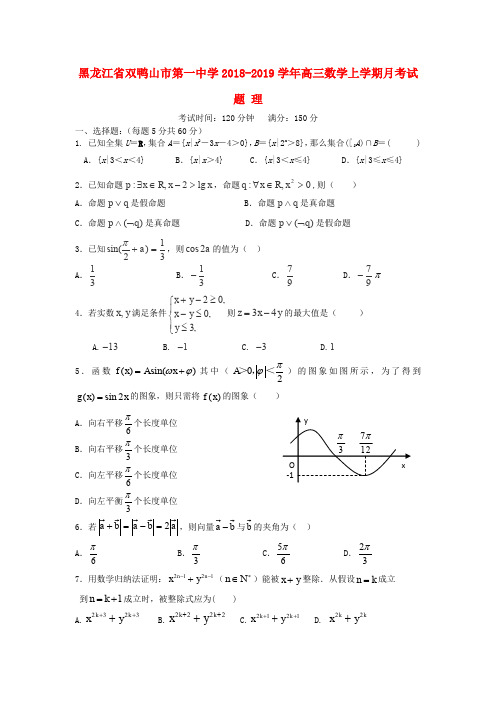 黑龙江省双鸭山市第一中学2018_2019学年高三数学上学期月考试题理