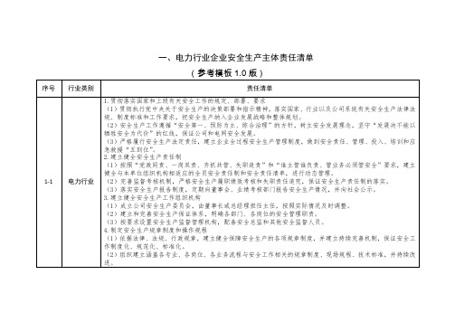 电力行业企业安全生产主体责任清单