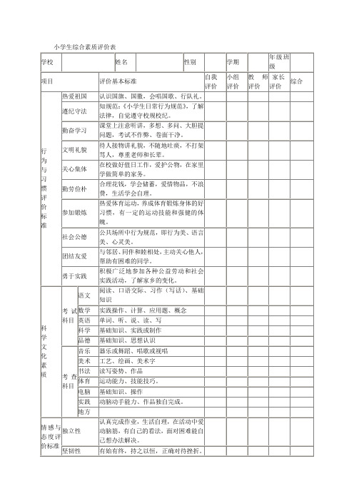 小学生综合素质评价表