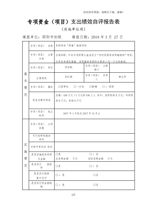 专项资金项目支出绩效自评报告表