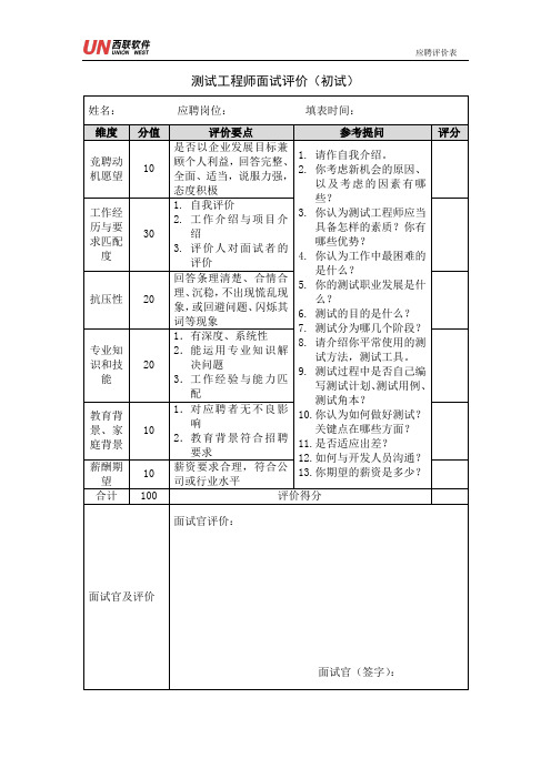 测试工程师面试评价表V1.0