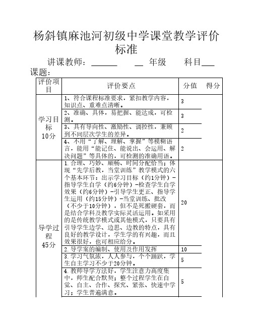 初中课堂教学评价表