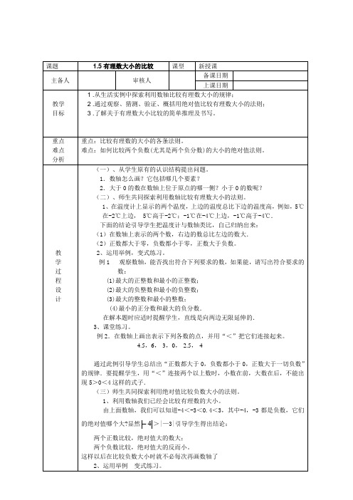 浙江省绍兴县杨汛桥镇中学七年级数学上册1.5《有理数大小比较》教案(浙教版)