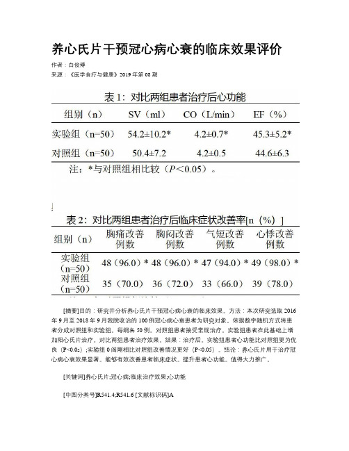 养心氏片干预冠心病心衰的临床效果评价