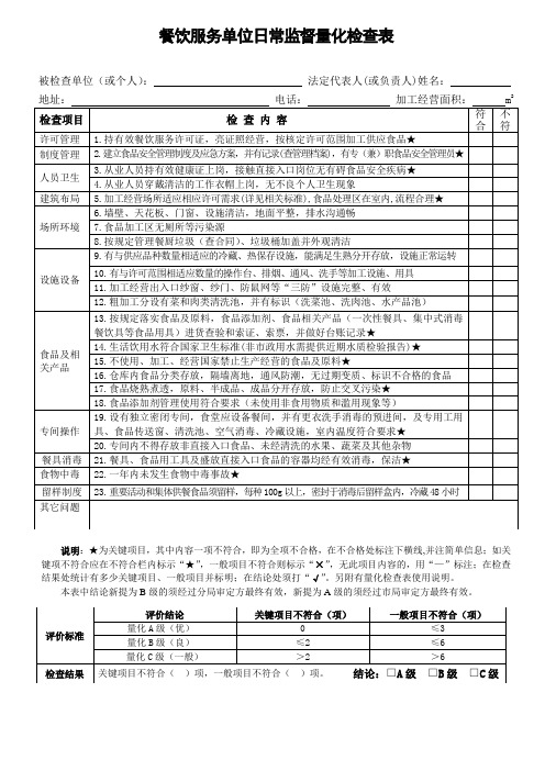 餐饮服务单位日常监督量化检查表