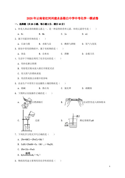 云南省红河州建水县勒白中学2019年中考化学一模试卷(含解析)