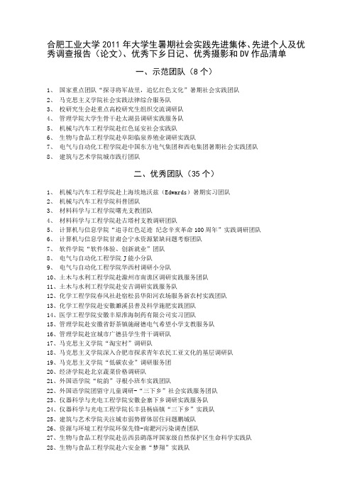 合肥工业大学2011年大学生暑期社会实践表彰清单