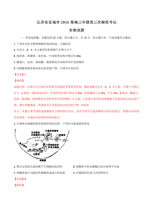 江苏省盐城市2016届高三第三次模拟考试生物试题解析(解析版)