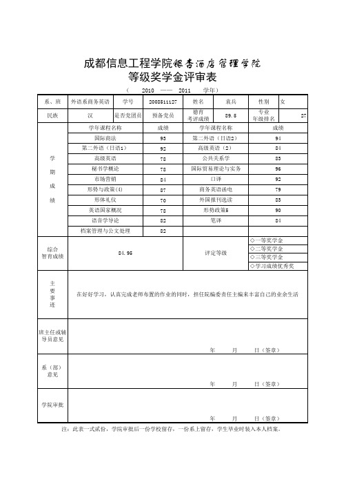 等级奖学金评审表