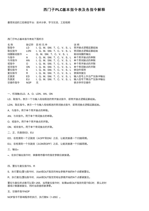 西门子PLC基本指令表及各指令解释