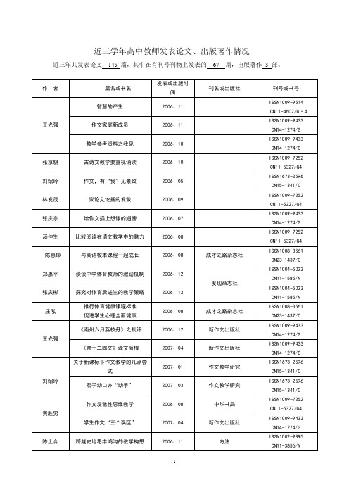 近三学年高中教师发表论文、出版著作情况