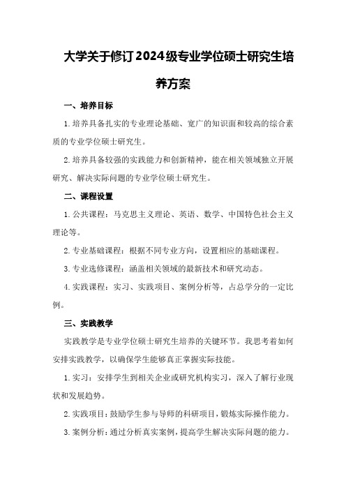 大学关于修订2024级专业学位硕士研究生培养方案