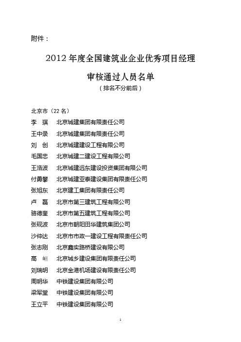 2012年度全国建筑业企业优秀项目经理