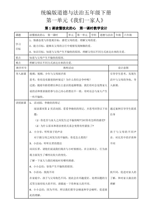 部编五年级下册道德与法治第一单元《我们一家人》