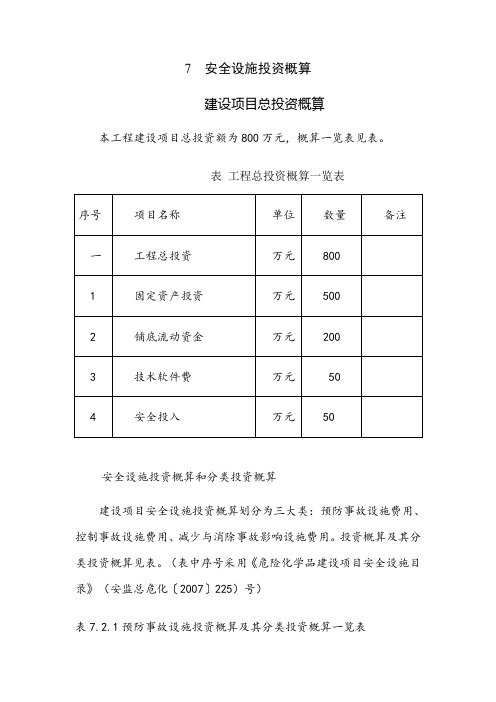 安全设施投资概算