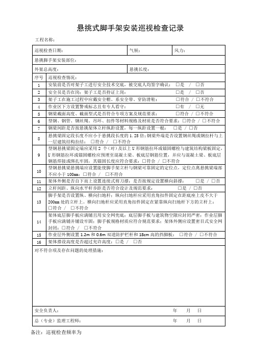 悬挑式脚手架安装巡视检查记录