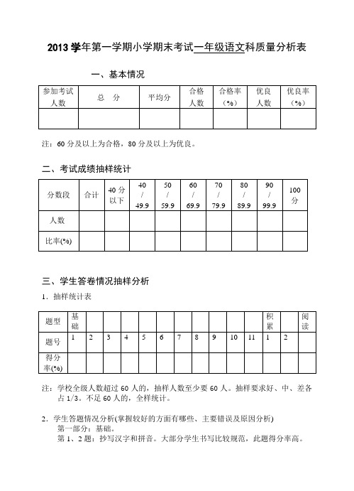 2013学年第一学期小学期末考试质量分析表(一年级语文)[1]
