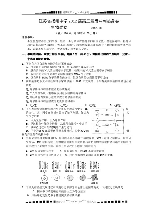 江苏省扬州中学2012届高三最后冲刺热身生物试题