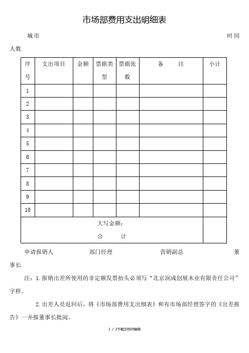 出差费用支出明细表