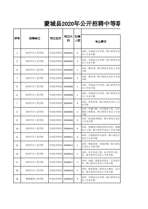 蒙城县2020年公开招聘中等职业学校教师和幼儿园教师岗位信息表